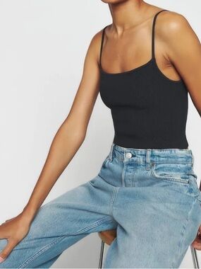 Reformation Black Ribbed Spaghetti Strap Tank Top Bodysuit